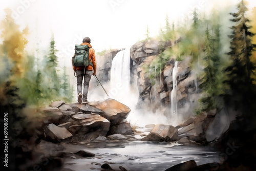 Tourist hipster with backpack in active trekking clothes stand near mountain river waterfall
