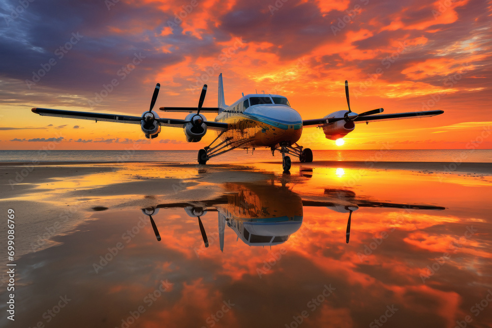 airplane standing on a beach at sunset airplane standing on a beach at sunset