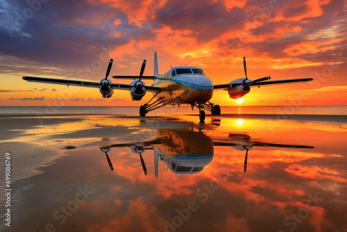 airplane standing on a beach at sunset