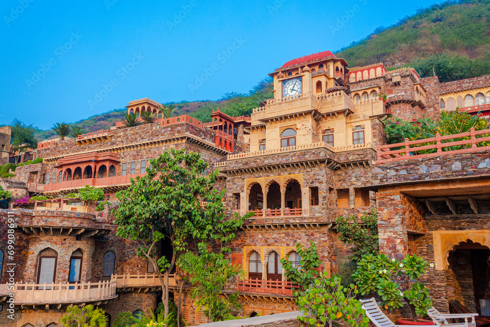 Neemrana Fort Palace - 15th century Fort located in Neemrana in Alwar Rajasthan India. Old medieval Fort-Palace built on Aravalli hills. Perfect weekend getaway from Delhi. Famous Luxury Resort India.