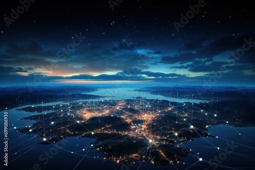 communication, connect, connection, digital, network, technology, wireless, energy, online, smart. modern city with wireless network connection. wireless network with city background at night. photo