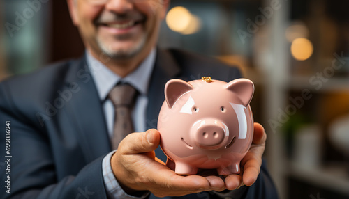 A successful businessman holds a piggy bank, radiating wealth generated by AI