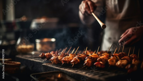 Grilled meat on skewer, cooking on barbecue, flame adds heat generated by AI photo