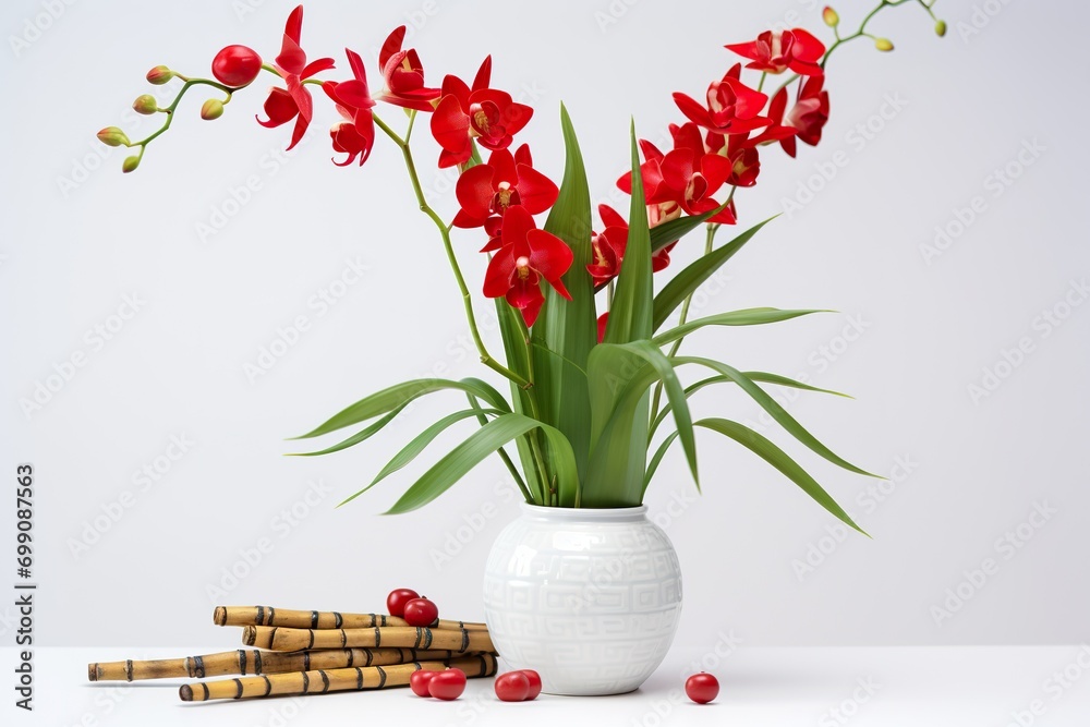 very beautiful New Year Lucky Bamboo with lunar new year red flowers decoration in a Red vase on the table, white background - obrazy, fototapety, plakaty 