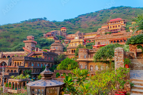 Neemrana Fort Palace - 15th century Fort located in Neemrana in Alwar Rajasthan India. Old medieval Fort-Palace built on Aravalli hills. Perfect weekend getaway from Delhi. Famous Luxury Resort India. photo