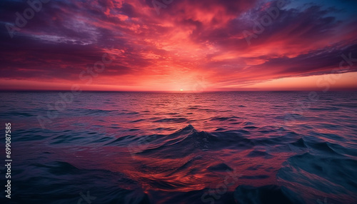 Silhouette of waves on tranquil water under a dramatic sky generated by AI