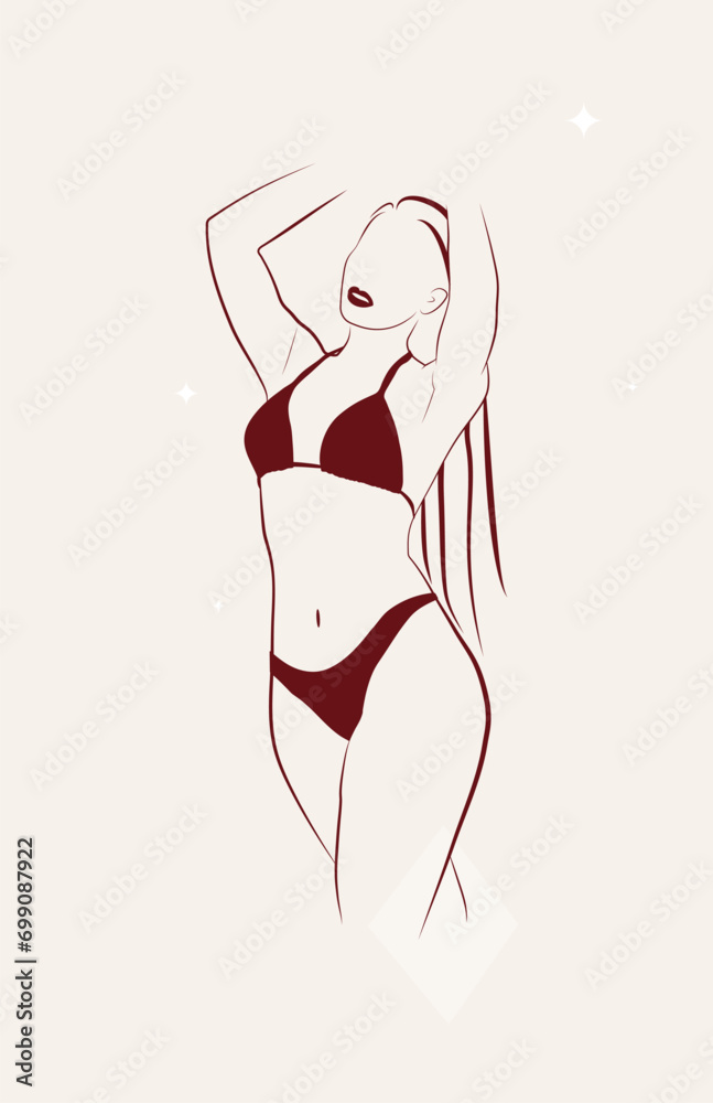 Woman stands dressed in panties and bra, underwear one line art on white isolated background. Vector illustration Woman stands dressed in panties and bra, underwear one line art on white isolated background. Vector illustration