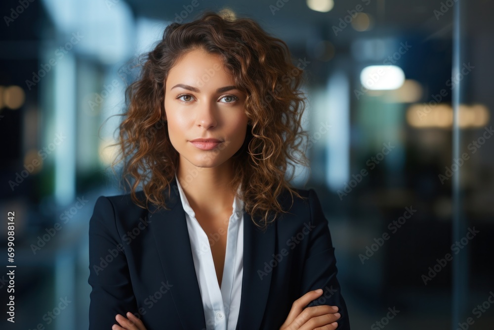 Obraz premium portrait, business, businesswoman, office, opportunity, co-worker, working space, leadership, smile, elegance. portrait image is close up businesswoman at working space. behind have office asset.