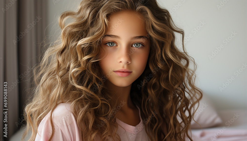 Naklejka premium One beautiful woman with long blond hair looking at camera generated by AI