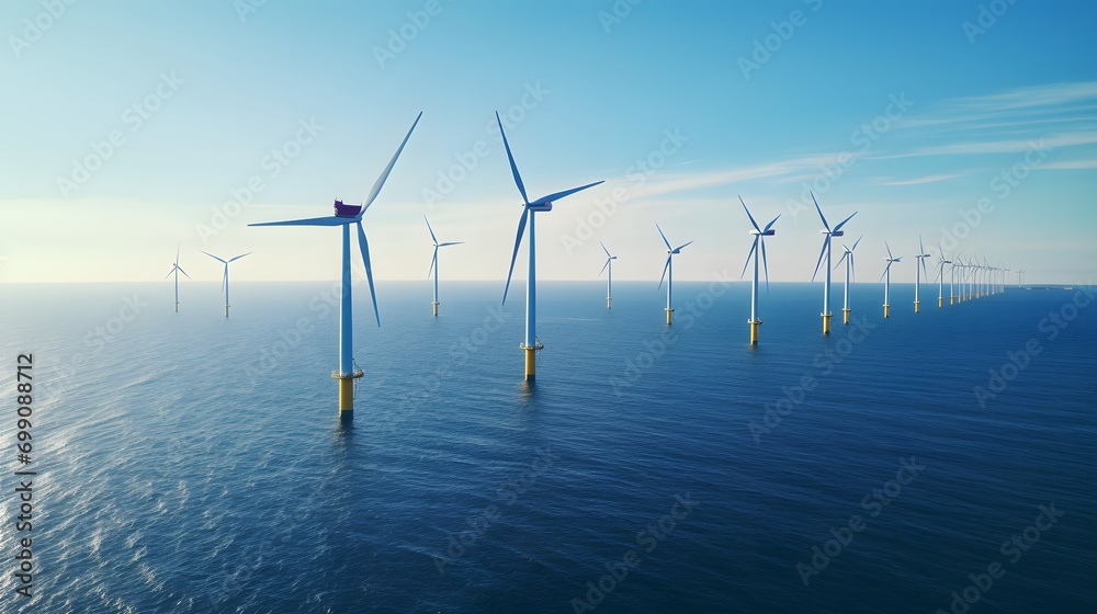 Ocean Wind Farm. Windmill farm in the ocean. Offshore wind turbines in the sea. Wind turbine from aerial view. - obrazy, fototapety, plakaty 