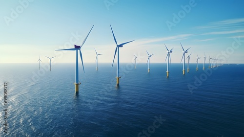 Ocean Wind Farm. Windmill farm in the ocean. Offshore wind turbines in the sea. Wind turbine from aerial view. photo
