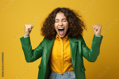 overjoyed young woman cheering and screaming,