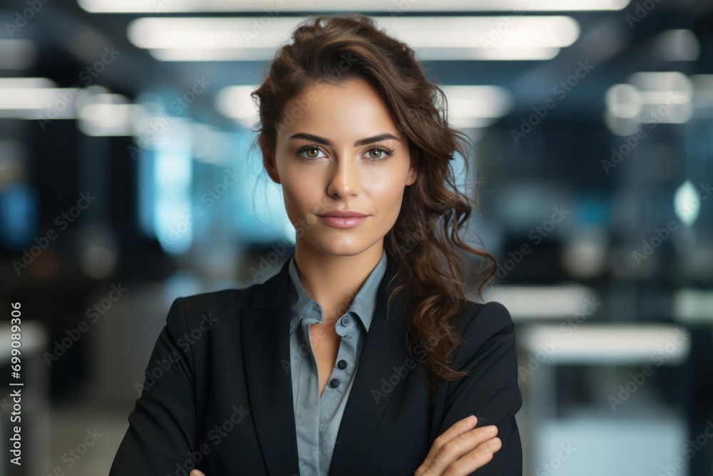Fototapeta premium portrait, business, businesswoman, office, opportunity, co-worker, working space, leadership, smile, elegance. portrait image is close up businesswoman at working space. behind have office asset.