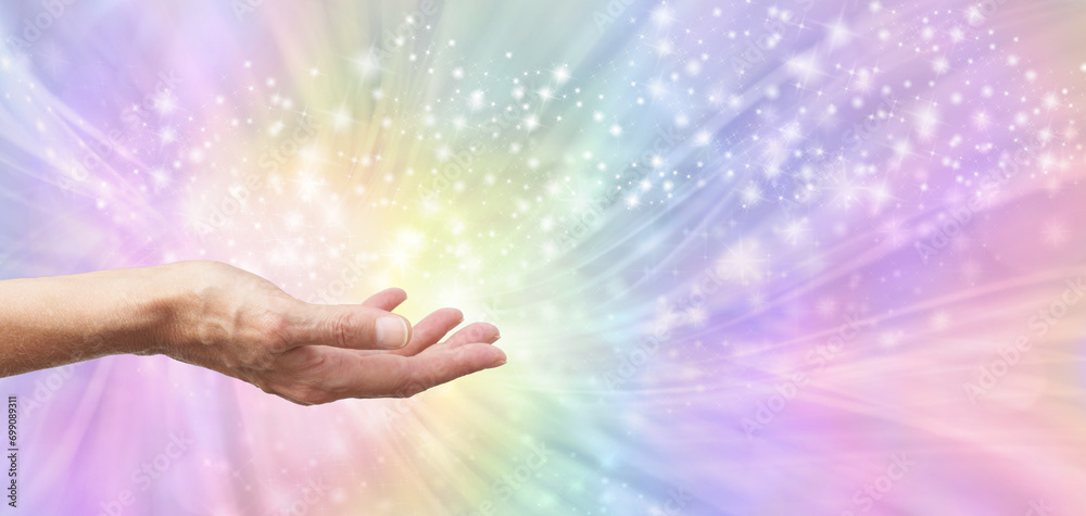 Reiki Rainbow Distant Healing Starlight Message Background - Female Reiki Master Healer with open hand sending quantum energy against beautiful rainbow energy field background and copy space
Reiki Rainbow Distant Healing Starlight Message Background - Female Reiki Master Healer with open hand sending quantum energy against beautiful rainbow energy field background and copy space