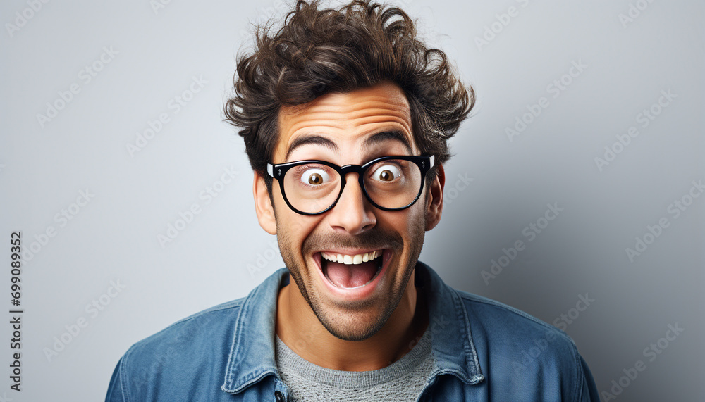 A cheerful young man with a toothy smile and glasses generated by AI A cheerful young man with a toothy smile and glasses generated by AI
