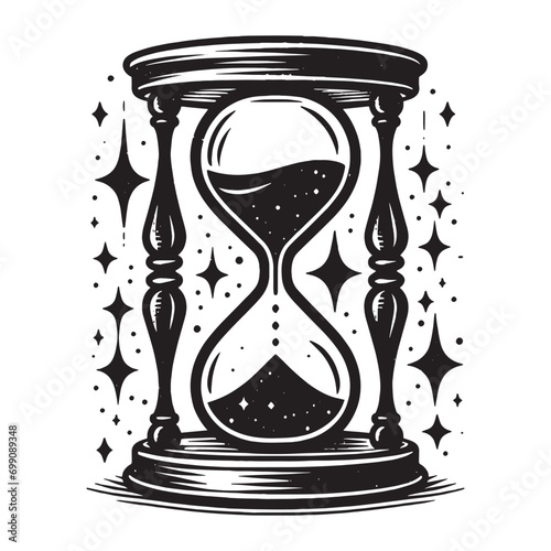 Old hourglass and stars. Vintage black engraving illustration, logo, emblem	