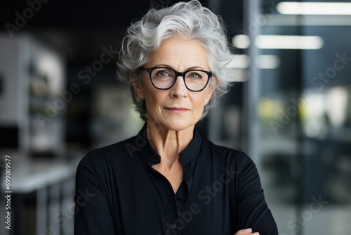 portrait, business, businesswoman, office, opportunity, co-worker, working space, leadership, smile, elegance. portrait image is senior businesswoman at working space. behind have office asset.