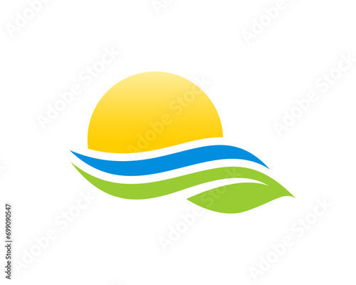 Sea wave and green leaf with sunrise vector logo