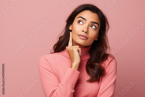 young indian woman thinking on isolated background