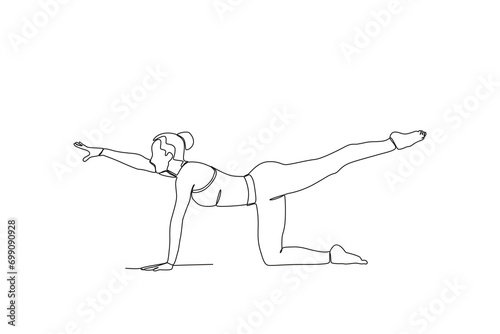 Continuous single line drawing of Woman practicing yoga. Doing in yoga poses, meditation, relaxing, calming down and managing stress. Single line drawing design vector graphic illustration
