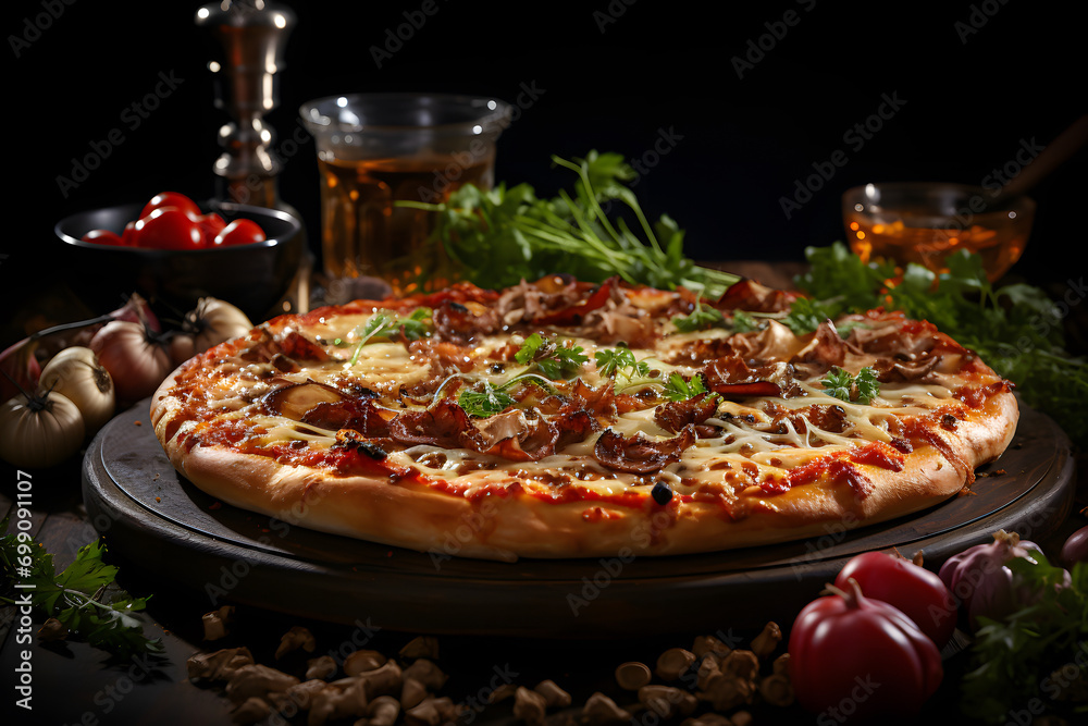 Speciality pizzas, dramatic studio lighting and a shallow depth of field. Placed on a reflective black surface.no.03