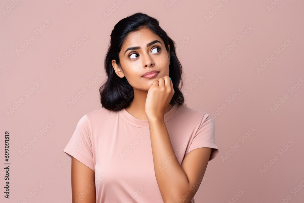 young indian woman thinking on isolated background - obrazy, fototapety, plakaty 