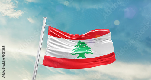 Lebanon national flag cloth fabric waving on the sky - Image