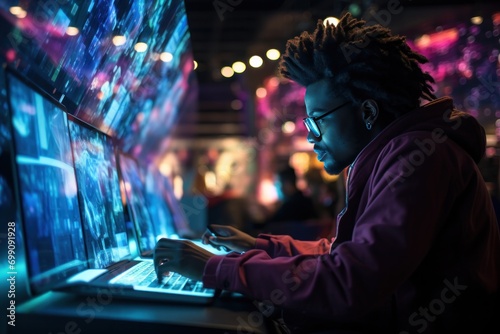 technology, computer, cyber, hacker, futuristic, network, code, coding, security, artificial intelligence. a diligent programmer typing keyboard in front monitor. find something bug or error to fix it