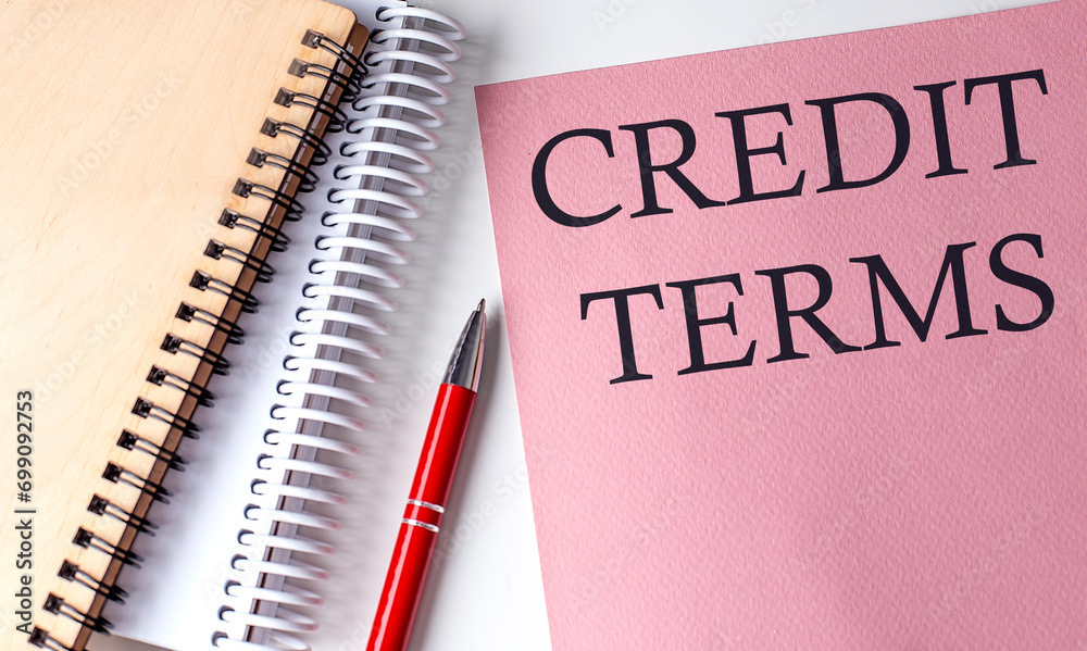 CREDIT TERMS word on the pink paper with office tools on white background CREDIT TERMS word on the pink paper with office tools on white background