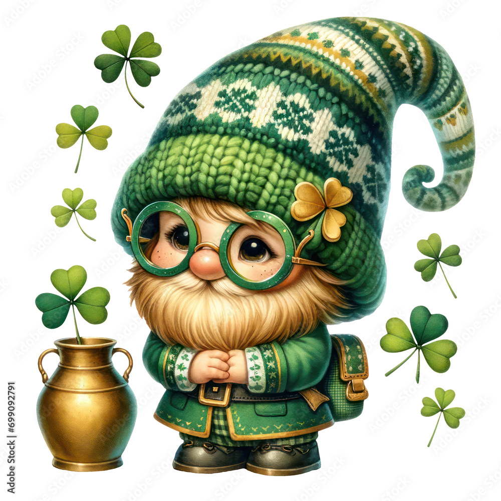 Fototapeta premium Cute Gnome Embracing Luck And Joy On St. Patrick's Day Clipart Illustration