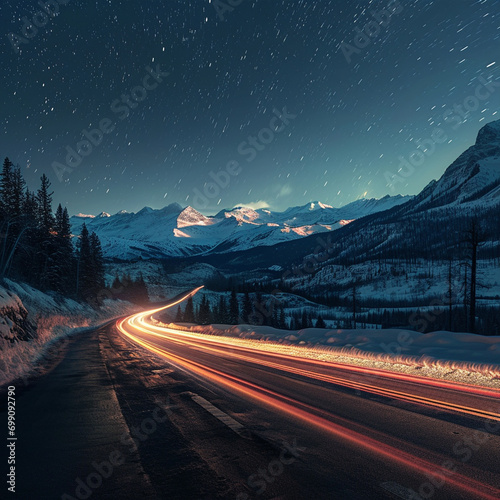 Fast night drive across mountain road, ai technology photo