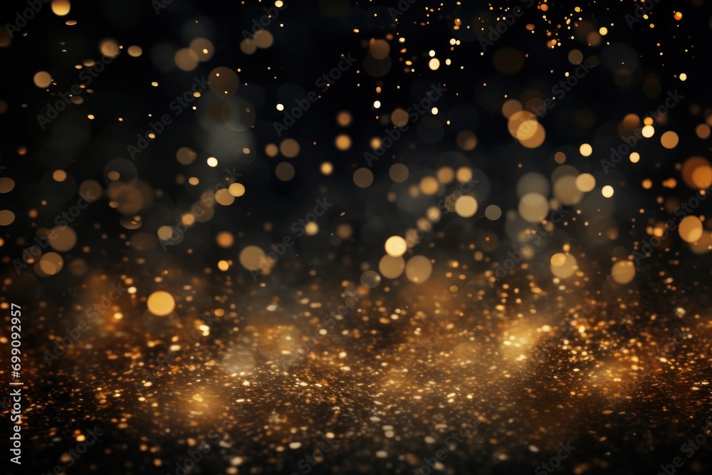 Fototapeta premium gold, dust, light, sparkle, luxury, glow, christmas, confetti, magic, shine. banner with a background image of golden dust and black sequins. falling around likes nebula galaxy and star in universe.