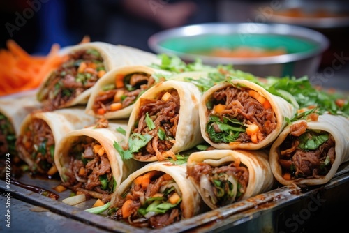 A delectable food shot captures the essence of Taiwanese Pancake Rolls. Soft, flaky pancakes are filled with an assortment of ingredients, such as crispy fried pork, pickled vegetables,