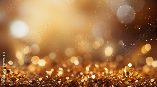 gold, dust, light, sparkle, luxury, glow, christmas, confetti, magic, shine. banner with a background image of golden dust and black sequins. falling around likes nebula galaxy and star in universe. © sornthanashatr