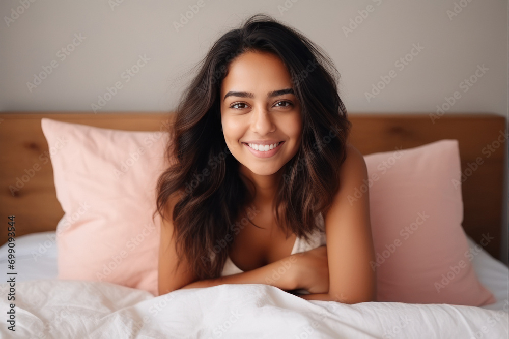young indian woman relaxing on bed at home young indian woman relaxing on bed at home