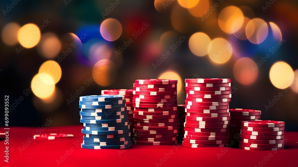 stack of casino chips, isolated on poker table, bokeh lights in background, Copy space. 