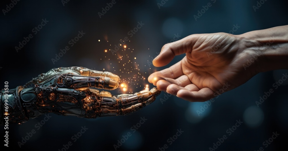 human, robot, robotic, ai, cyber, future, hand, mechanical, machine, science. ancient mechatronic robotic arm touched with older human finger between hand shining at robotic side likes fire. - obrazy, fototapety, plakaty 