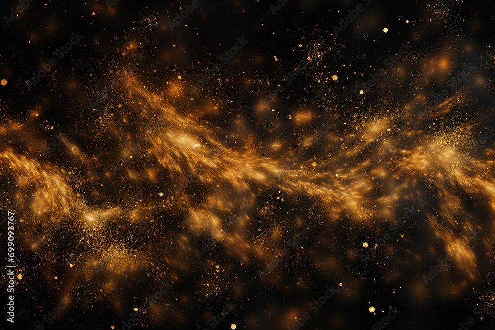 Naklejka premium gold, dust, light, sparkle, luxury, glow, christmas, confetti, magic, shine. banner with a background image of golden dust and black sequins. falling around likes nebula galaxy and star in universe.