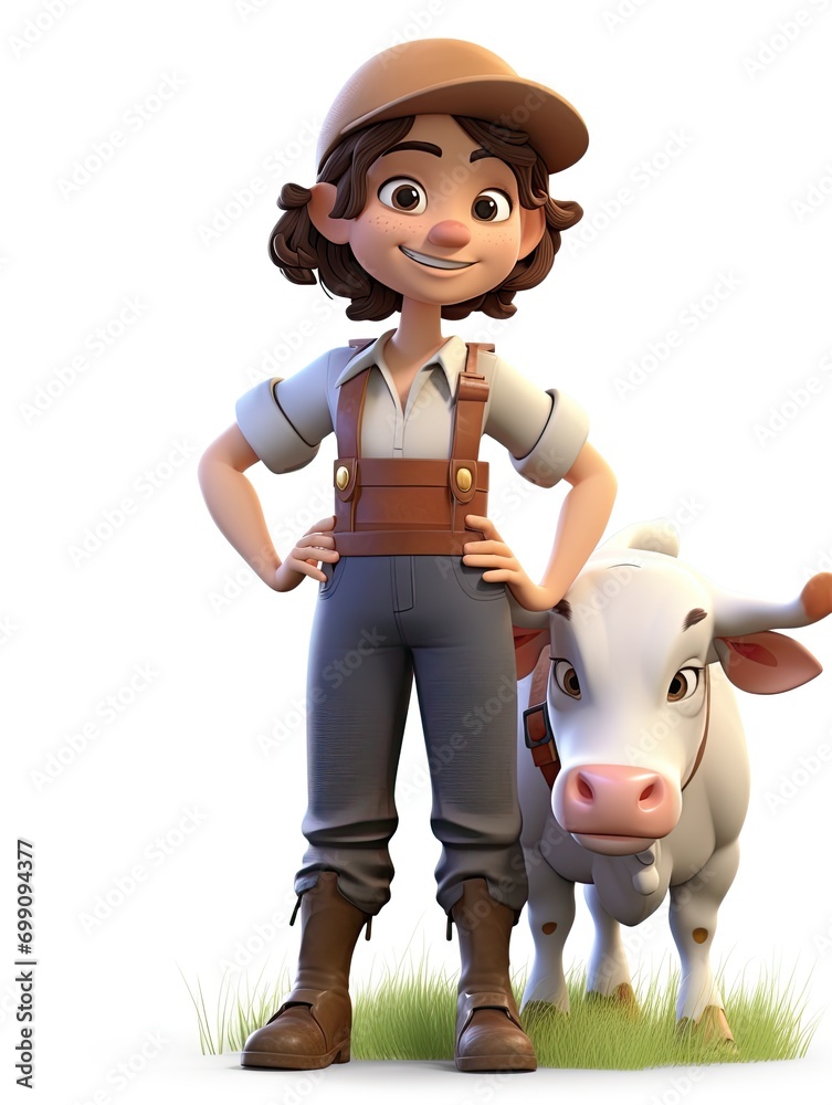 Fototapeta premium Cute cartoon farmer girl with cow