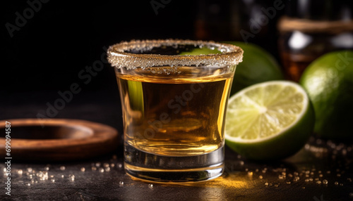 Whiskey, tequila, cocktail, lime, glass, wood, rustic, fruit, celebration, elegance generated by AI