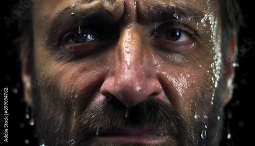 A wet man with a beard looking at the camera generated by AI