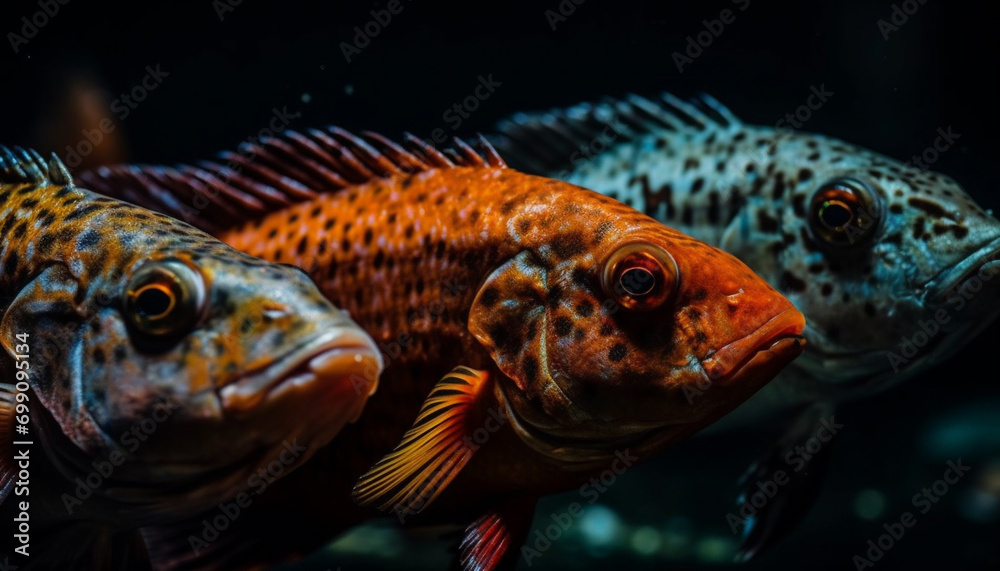 Colorful fish swim in a tropical reef, creating a vibrant underwater scene generated by AI