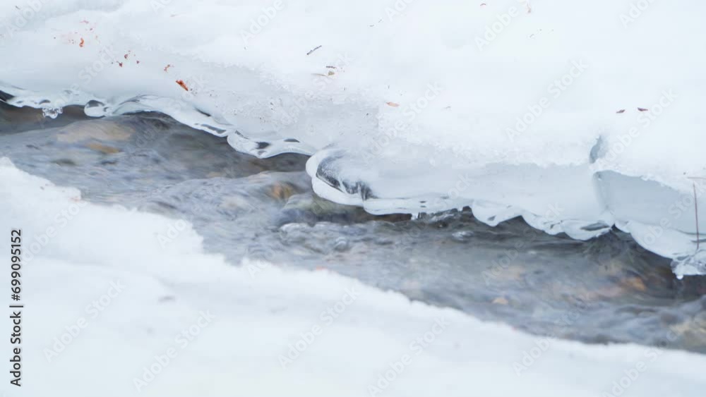 The water in the mountain river flows slowly under the eroded surface of the ice. Close-up of the movement of water. The water in the mountain river flows slowly under the eroded surface of the ice. Close-up of the movement of water.