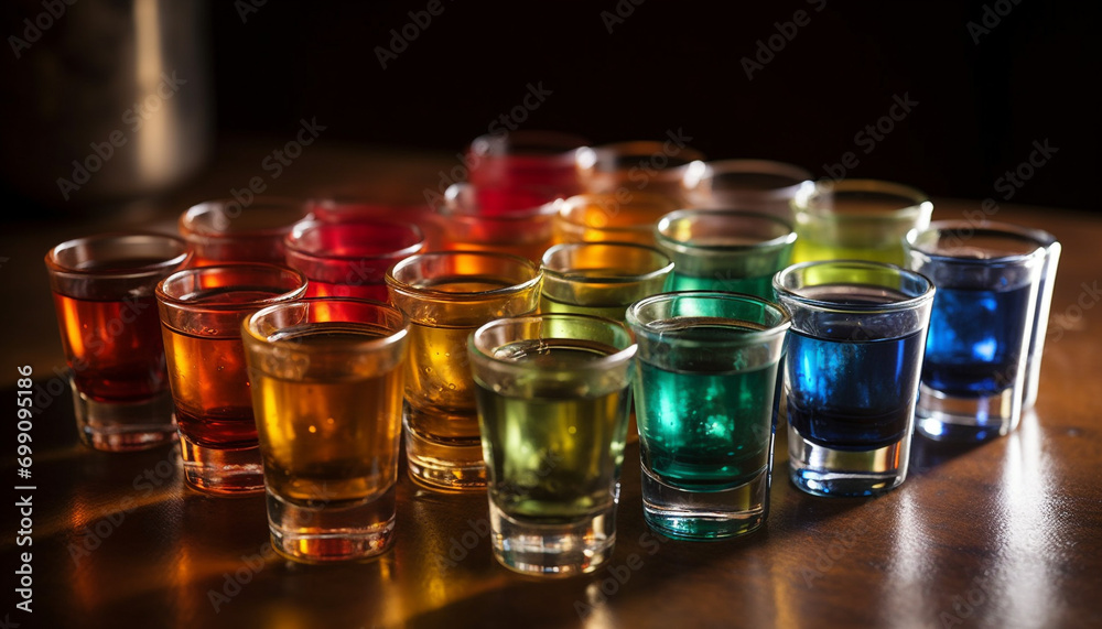 Nightclub celebration colorful cocktails, whiskey shots, and refreshing drinks generated by AI Nightclub celebration colorful cocktails, whiskey shots, and refreshing drinks generated by AI