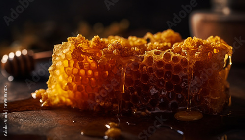 Honeycomb, bee, organic, freshness, wood, sweet food, close up, honey generated by AI