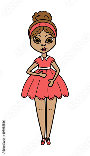 Cartoon woman hand drawn flat illustration. Cute girl in evening dress.