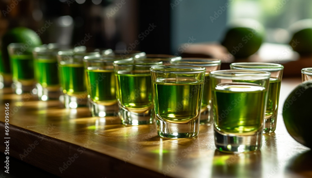 Green liquid in a row, refreshing whiskey shots on table generated by AI Green liquid in a row, refreshing whiskey shots on table generated by AI