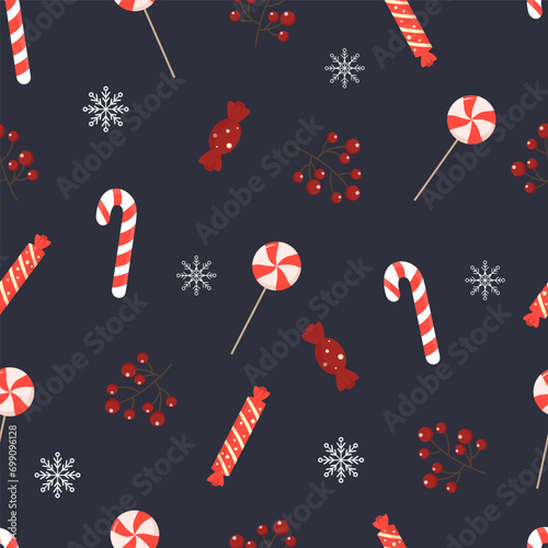 Christmas seamless pattern with candies, berries and snowflakes. Vector illustration, flat style. Happy new year. Winter pattern. Christmas background