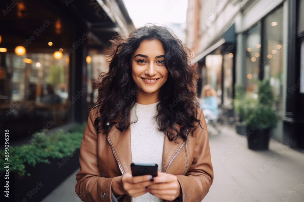 young indian woman holding smartphone - obrazy, fototapety, plakaty 