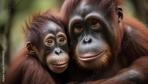 Cute baby monkey sitting in the forest, looking at camera generated by AI © Stockgiu